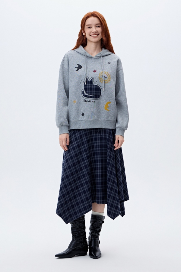 花猫印花刺绣连帽卫衣